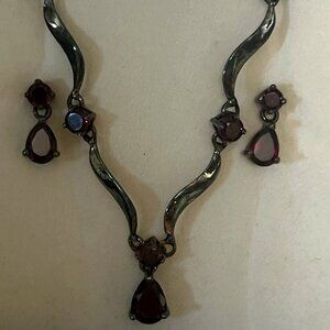 Costume Necklace Garnet Colored Stones And Matching Pierced Earrings